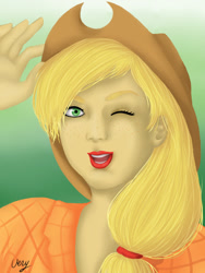 Size: 774x1032 | Tagged: safe, artist:verygood91, character:applejack, female, humanized, solo, wink