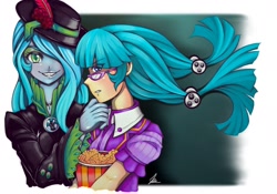 Size: 1280x895 | Tagged: safe, artist:jennobasilicum, character:juniper montage, character:queen chrysalis, g4, my little pony:equestria girls, alternate hairstyle, clothing, duo, equestria girls-ified, eyeshadow, feather, fedora, female, flower, food, glasses, grin, hair over one eye, hat, jacket, leather jacket, makeup, popcorn, rose, shirt, smiling