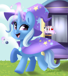 Size: 2400x2654 | Tagged: safe, artist:sakukitty, character:trixie, species:pony, species:unicorn, g4, cape, clothing, cute, diatrixes, female, hat, high res, magic, mare, open mouth, playing card, solo, telekinesis, trixie's cape, trixie's hat, trixie's wagon
