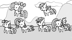 Size: 4488x2480 | Tagged: safe, artist:nire, character:applejack, character:fluttershy, character:pinkie pie, character:rainbow dash, character:rarity, character:spike, character:twilight sparkle, character:twilight sparkle (alicorn), species:alicorn, species:pony, g4, balloon, black and white, floating, grayscale, happy birthday mlp:fim, mane seven, mane six, mlp fim's tenth anniversary, monochrome, sketch, then watch her balloons lift her up to the sky