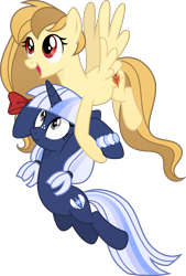 Size: 4363x6455 | Tagged: safe, artist:pumpkinpieforlife, oc, oc only, oc:alice goldenfeather, oc:silverlay, species:pegasus, species:pony, species:unicorn, g4, absurd resolution, female, holding a pony, mare, simple background, transparent background, vector