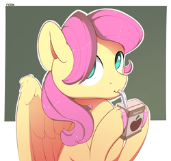 Size: 2535x2384 | Tagged: safe, artist:nookprint, character:fluttershy, species:pegasus, species:pony, g4, adorascotch, apple juice, appul, bendy straw, butterscotch, cute, drinking, drinking straw, juice, juice box, looking at you, male, rule 63, rule63betes, shyabetes, solo, stallion