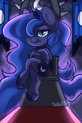 Size: 1365x2048 | Tagged: safe, artist:sakukitty, character:princess luna, species:pony, g4, anatomically incorrect, banner, bipedal, crossed arms, crossed legs, female, hair over one eye, incorrect leg anatomy, mare, redraw, sitting, solo, throne