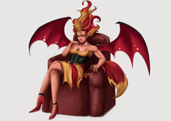 Size: 3508x2480 | Tagged: safe, artist:nire, character:sunset satan, character:sunset shimmer, g4, my little pony:equestria girls, black sclera, blue eyes, breasts, busty sunset shimmer, cleavage, clothing, couch, crossed legs, demon, high heels, shoes, simple background, sitting, skirt, smiling, solo, spread wings, sunset satan, wings
