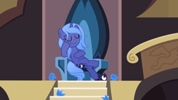 Size: 6452x3629 | Tagged: safe, artist:pumpkinpieforlife, edit, editor:slayerbvc, character:princess luna, species:alicorn, species:pony, g4, accessory-less edit, barehoof, castle of the royal pony sisters, crossed legs, crown, discarded clothing, female, hoof shoes, jewelry, missing accessory, peytral, regalia, s1 luna, sitting, solo, throne, undressed