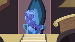 Size: 6452x3629 | Tagged: safe, artist:pumpkinpieforlife, edit, editor:slayerbvc, character:princess luna, species:alicorn, species:pony, g4, accessory-less edit, barehoof, castle of the royal pony sisters, crossed legs, female, missing accessory, s1 luna, sitting, solo, throne