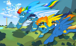 Size: 5752x3550 | Tagged: safe, artist:littletiger488, character:rainbow dash, character:soarin', character:spitfire, oc, species:pegasus, species:pony, g4, clothing, commission, flying, goggles, uniform, wonderbolts uniform