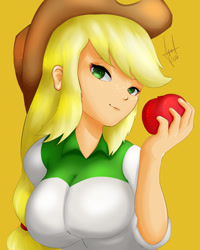 Size: 1080x1350 | Tagged: safe, artist:elbenjaftw, character:applejack, species:human, g4, my little pony:equestria girls, apple, breasts, busty applejack, food, humanized, looking at you, solo