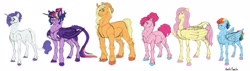 Size: 1280x365 | Tagged: safe, artist:anelaponela, character:applejack, character:fluttershy, character:pinkie pie, character:rainbow dash, character:rarity, character:twilight sparkle, character:twilight sparkle (alicorn), species:alicorn, species:bat pony, species:earth pony, species:pegasus, species:pony, species:unicorn, g4, bat pony alicorn, bat wings, clothing, ear fluff, fangs, glasses, glasses rarity, hat, horn, hybrid wings, leonine tail, mane six, redesign, slit eyes, wings