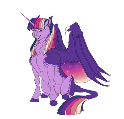 Size: 1280x1226 | Tagged: safe, artist:anelaponela, character:twilight sparkle, character:twilight sparkle (alicorn), species:alicorn, species:bat pony, species:pony, g4, bat pony alicorn, bat wings, colored wings, ear fluff, fangs, horn, hybrid wings, leonine tail, multicolored wings, redesign, simple background, slit eyes, smiling, starry wings, teeth, transparent background, wings