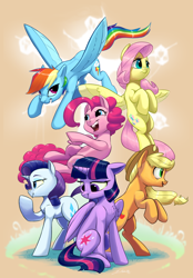 Size: 2850x4100 | Tagged: safe, artist:silverhopexiii, character:applejack, character:fluttershy, character:pinkie pie, character:rainbow dash, character:rarity, character:twilight sparkle, species:alicorn, species:earth pony, species:pegasus, species:pony, species:unicorn, g4, applejack's hat, chest fluff, clothing, cowboy hat, floppy ears, flying, happy birthday mlp:fim, hat, mane six, mlp fim's tenth anniversary, open mouth, simple background, tan background