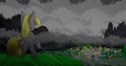 Size: 4096x2160 | Tagged: safe, artist:darbedarmoc, species:pony, species:unicorn, g4, bridge, canterlot, chest fluff, cloud, ear fluff, everfree forest, from behind, grass, looking in the distance, mane, mountain, ponyville, rain, river, school, solo, standing, tale, town, town hall, tree, weather, wet