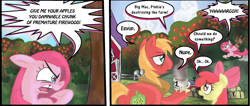 Size: 1194x508 | Tagged: safe, artist:supersheep64, character:apple bloom, character:big mcintosh, character:pinkamena diane pie, character:pinkie pie, species:earth pony, species:pony, g4, angry, chair, coffee, comic, dialogue, farm, hoof hold, male, scene interpretation, stallion, swapped cutie marks, sweet apple acres
