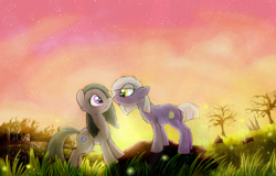 Size: 1024x654 | Tagged: safe, artist:namiwami, character:limestone pie, character:marble pie, species:earth pony, species:pony, duo, duo female, female, pie sisters, siblings, sisters, sunset, windmill