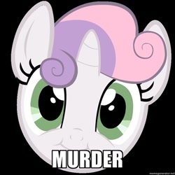Size: 400x400 | Tagged: dead source, source needed, useless source url, safe, artist:blanishna, character:sweetie belle, :i, black background, cute, cute face, diasweetes, faec, female, image macro, looking at you, meme, murder, one word, portrait, simple background, smiling, solo