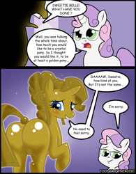 Size: 1383x1771 | Tagged: safe, artist:toongrowner, character:rarity, character:sweetie belle, species:pony, species:unicorn, blushing, butt, comic, covered, duo, featureless crotch, female, luster dust, plot, rarigold, rearity, siblings, sisters