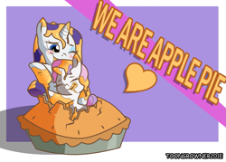 Size: 1581x1129 | Tagged: safe, artist:toongrowner, character:rarity, character:sweetie belle, species:pony, species:unicorn, apple pie, female, filly, food, hug, mare, messy, pie, ponies in food, pun