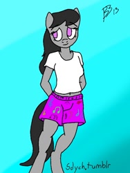Size: 480x640 | Tagged: safe, artist:sdych, character:octavia melody, species:anthro, 30 minute art challenge, belly button, bipedal, boxers, clothing, female, midriff, shirt, shorts, solo, underwear