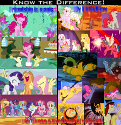 Size: 1018x1053 | Tagged: safe, artist:elfman83ml, edit, edited screencap, screencap, character:applejack, character:bowtie (g1), character:bright eyes, character:cheval, character:dazzle glow, character:fluttershy, character:lickety split, character:masquerade (g1), character:meadowlark, character:megan williams, character:moondancer (g1), character:pinkie pie, character:pound cake, character:pumpkin cake, character:rainbow dash, character:rarity, character:sweetheart, character:twilight sparkle, character:wind whistler, species:alicorn, species:dragon, species:earth pony, species:pegasus, species:pony, species:unicorn, episode:rescue at midnight castle, g1, g4, my little pony 'n friends, my little pony tales, chains, collar, colt, female, filly, foal, know the difference, male, mare, padlock, satire, stratadon, stratodon, tied up, vine