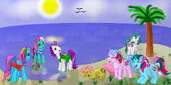 Size: 1638x819 | Tagged: safe, artist:elfman83ml, character:buttons (g1), character:cupcake (g1), character:fizzy, character:minty, character:posey, character:rainbow dash (g3), g1, g3