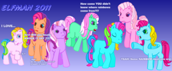 Size: 1600x663 | Tagged: safe, artist:elfman83ml, character:minty, character:pinkie pie (g3), character:rainbow dash (g3), character:rarity (g3), character:thistle whistle, character:wysteria, species:earth pony, species:pony, species:unicorn, g3, angry, cute, female, lesbian, madorable, mare, my little pony live, sew-and-so (g3), teenager