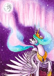 Size: 400x561 | Tagged: safe, artist:fallenzephyr, character:princess celestia, aurora, aurora borealis, crying, female, mare in the moon, moon, solo, traditional art
