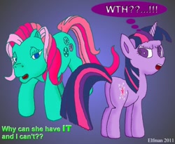 Size: 700x574 | Tagged: safe, artist:elfman83ml, character:minty, character:twilight sparkle, species:earth pony, species:pony, species:unicorn, g3, bedroom eyes, butt, duo, duo female, female, looking at you, mare, open mouth, plot, twibutt