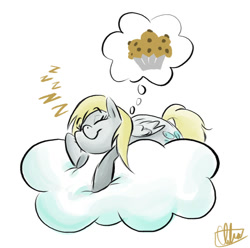 Size: 800x795 | Tagged: safe, artist:romaniz, character:derpy hooves, species:pegasus, species:pony, cloud, female, lying on a cloud, mare, muffin, on a cloud, sleeping, sleeping on a cloud, solo, that pony sure does love muffins, zzz