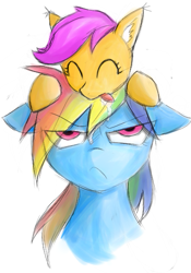 Size: 401x572 | Tagged: safe, artist:pogans, character:rainbow dash, character:scootaloo, cute, cutealoo, drool, pony hat, scootacat, scootalove, species swap