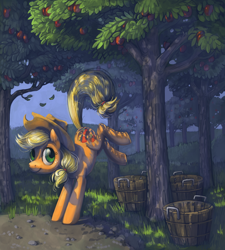 Size: 800x888 | Tagged: safe, artist:dimespin, character:applejack, species:earth pony, species:pony, apple, apple tree, applebucking, balancing, basket, buck, bucket, bucking, featured on derpibooru, female, grass, kicking, leaves, orchard, smiling, solo, tree