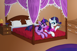 Size: 2500x1656 | Tagged: safe, artist:furor1, character:rarity, character:twilight sparkle, bed, bedroom, magic, romance reports