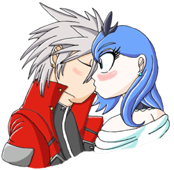 Size: 900x878 | Tagged: safe, artist:eradose, character:princess luna, blazblue, crossover, crossover shipping, female, first kiss, humanized, kissing, male, ragna the bloodedge, straight