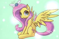 Size: 1200x800 | Tagged: safe, artist:eshredder, character:fluttershy, episode:swarm of the century, g4, my little pony: friendship is magic, blep, cute, ear fluff, female, green background, murder, parasprite, shyabetes, simple background, sitting, smiling, solo, spread wings, tongue out, wings