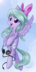 Size: 1417x2835 | Tagged: safe, artist:anggrc, character:flitter, species:pegasus, species:pony, blep, cute, female, flitterbetes, flying, headphones, silly, solo, tongue out