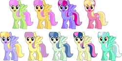 Size: 5000x2512 | Tagged: safe, artist:silvervectors, character:cloud kicker, character:lily, character:lily valley, character:merry may, character:spring skies, character:starsong, character:sunny rays, species:earth pony, species:pegasus, species:pony, background pony, bons away, female, lavender skies, mare, recolor, reference sheet, simple background, skyra, skyra heartstrings, sugar apple, sunny rays, transparent background, vector