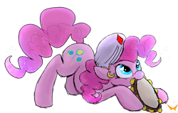 Size: 900x573 | Tagged: safe, artist:namiwami, character:pinkie pie, friendship is witchcraft, female, gypsy pie, heart eyes, mouth hold, musical instrument, romani, simple background, solo, tambourine, transparent background, wingding eyes