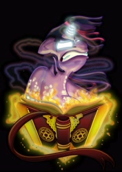 Size: 3508x4961 | Tagged: safe, artist:toonlancer, character:twilight sparkle, book, dark, female, fire, glowing eyes, magic, magic overload, runes, solo, spellbook