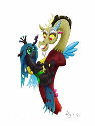 Size: 768x1024 | Tagged: safe, artist:a8702131, character:discord, character:queen chrysalis, species:changeling, ship:discolis, changeling queen, female, male, shipping, simple background, straight, white background