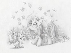 Size: 1890x1422 | Tagged: safe, artist:deathcutlet, character:fluttershy, species:alicorn, species:pony, species:rabbit, alicornified, butterfly, fluttercorn, grayscale, magic, monochrome, race swap, traditional art