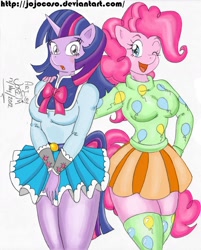 Size: 1358x1691 | Tagged: safe, artist:jojocoso, artist:kimbawest, character:pinkie pie, character:twilight sparkle, species:anthro, bow, breasts, busty pinkie pie, busty twilight sparkle, clothing, female, skirt, stockings, sweater, wink