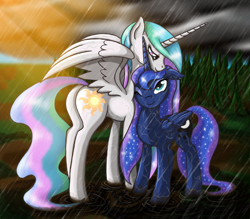Size: 1200x1050 | Tagged: safe, artist:nalesia, character:princess celestia, character:princess luna, plot, rain, royal sisters, sisters, wet, wet mane