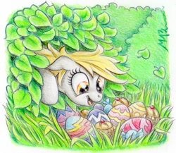 Size: 913x794 | Tagged: safe, artist:deathcutlet, character:derpy hooves, species:pegasus, species:pony, bush, easter, easter egg, female, mare, muffin, solo, traditional art