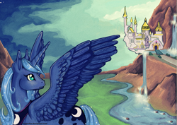 Size: 1327x938 | Tagged: safe, artist:reaperfox, character:princess luna, canterlot, female, looking back, solo