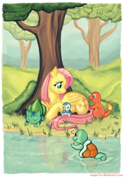 Size: 620x884 | Tagged: safe, artist:reaperfox, character:fluttershy, bulbasaur, charmander, crossover, piplup, pokémon, squirtle