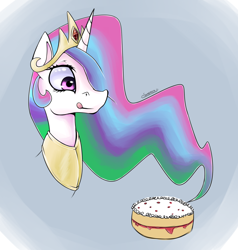 Size: 1258x1324 | Tagged: safe, artist:eshredder, character:princess celestia, bust, cake, cakelestia, eyes on the prize, female, food, hair over one eye, licking lips, smiling, solo, tongue out, wide eyes