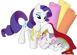 Size: 9711x7000 | Tagged: safe, artist:iphstich, artist:littletiger488, character:opalescence, character:rarity, character:sweetie belle, absurd resolution, cute, diasweetes, fabric, measuring tape, nap, sleeping