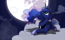 Size: 1440x900 | Tagged: safe, artist:random-gal, character:princess luna, species:alicorn, species:pony, cloud, cloudy, cutie mark, female, full moon, hooves, horn, jewelry, lying on a cloud, mare, mare in the moon, moon, night, night sky, on a cloud, open mouth, prone, regalia, shadow, sky, solo, spread wings, tiara, vector, wallpaper, wings