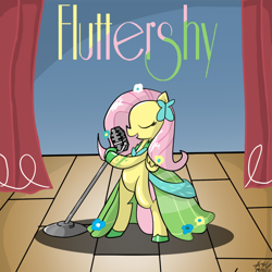 Size: 800x800 | Tagged: safe, artist:thewormouroboros, character:fluttershy, species:pony, bipedal, clothing, dress, featureless crotch, female, gala dress, microphone, solo