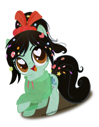 Size: 3510x4500 | Tagged: safe, artist:drpancakees, clothing, hairband, heart eyes, hoodie, ponified, solo, sugar rush, vanellope von schweetz, wingding eyes, wreck-it ralph