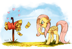 Size: 2000x1368 | Tagged: safe, artist:cuteskitty, character:fluttershy, blushing, female, heart, letter, love letter, mailbox, solo, valentine